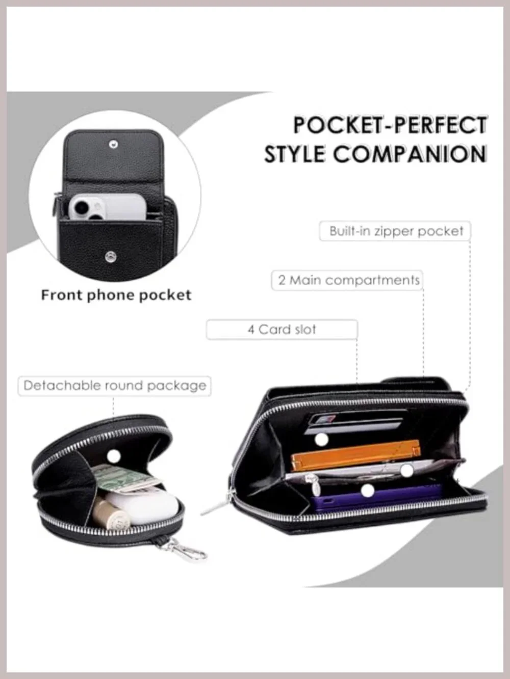 Vegan Leather Crossbody Bag for Women with Detachable Coin Pouch - Cell Phone